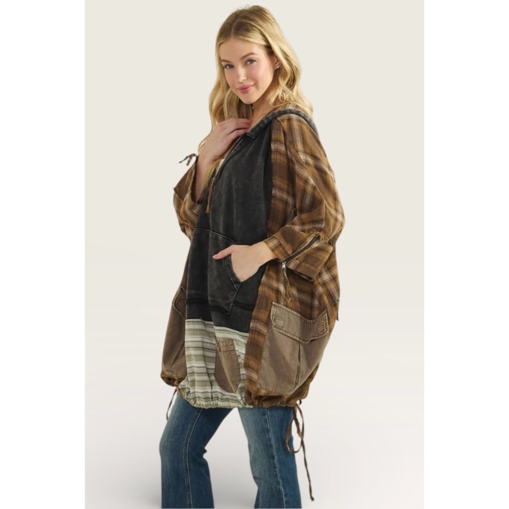 Oli & Hali Black Washed Plaid Half Zip Hoodie | Mixed Media Pullover - Picture 4 of 7